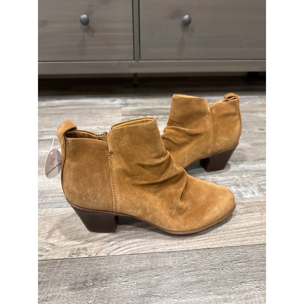 Comfortiva Waterproof Suede Ankle Boots Tan Slouch Block Heel Women 9M NEW